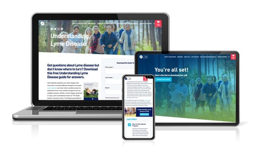 Global Lyme Alliance conversion path: landing page, form and thank-you experience across laptop, tablet and phone Global Lyme Alliance conversion path: landing page, form and thank-you experience across laptop, tablet and phone